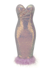 Load image into Gallery viewer, Purple Sweet Feather Hem Sequin Strapless Bodycon Sexy Gown Party Dress