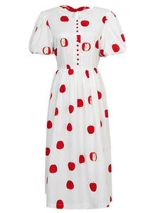 White Crew Neck Printed Red Apple Swing 1950S Dress