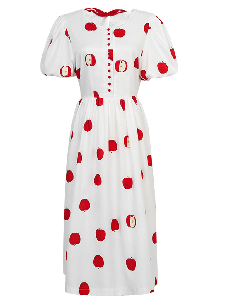 White Crew Neck Printed Red Apple Swing 1950S Dress