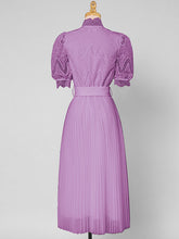 Load image into Gallery viewer, Apricot Stand Collar Puff Sleeve Mesh Pleated Dress