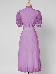 Apricot Stand Collar Puff Sleeve Mesh Pleated Dress