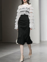 Load image into Gallery viewer, 2PS Crew Neck Long Sleeve White Lace Lotus Leaf Top And Black Fishtail Skirt Suit