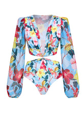 Load image into Gallery viewer, Blue Flower Print Ruffles Long Sleeve One Piece With Bathing Suit Wrap Skirt