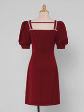 Load image into Gallery viewer, Red Pearl Square Collar Puff Sleeve A Line Vintage Party Dress