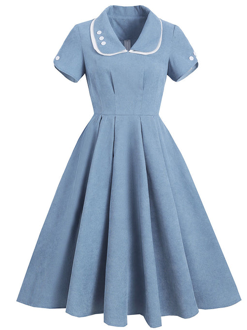 Baby Blue Corduroy Bud Short Sleeves 1950S Vinatge Dress With Pockets