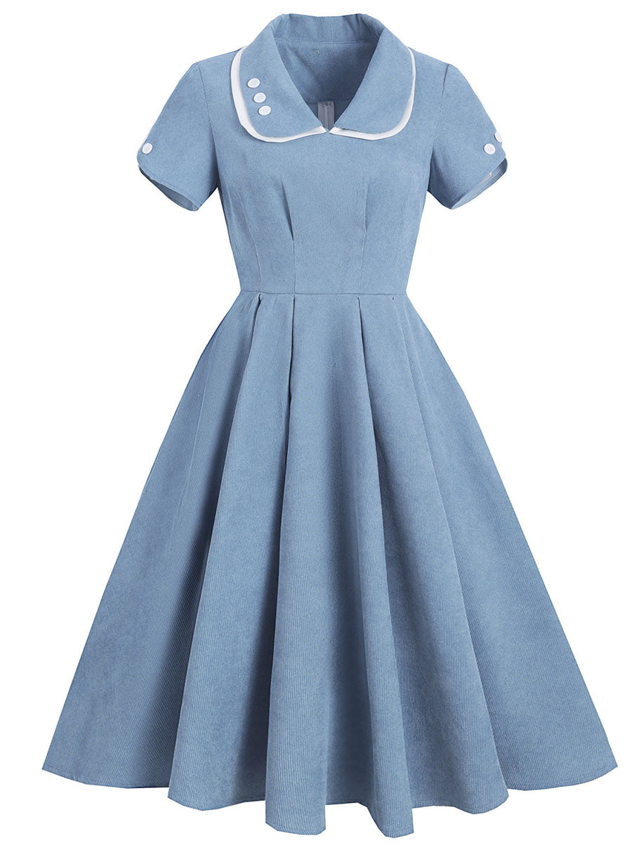 Baby Blue Corduroy Bud Short Sleeves 1950S Vinatge Dress With Pockets