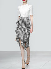 Load image into Gallery viewer, 2PS Off The Shoulder White Knitted Top And Lotus Leaf Plaid Skirt Suit