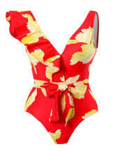 Load image into Gallery viewer, Blue Floral Print Ruffles Strap One Piece With Bathing Suit Wrap Skirt