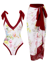Load image into Gallery viewer, Floral Print Retro Style V Neck One Piece With Bathing Suit Wrap Skirt