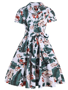 Green 1960S Floral Print Swing Vintage Dress With Belt