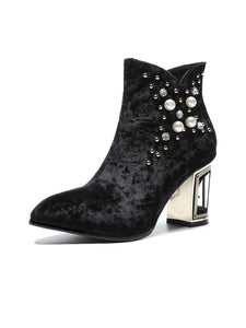 7CM Luxury Pearls And Diamonds Chunky High Heel Bootie Vintage Shoes
