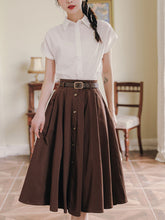 Load image into Gallery viewer, 1950S Vintage White Abat Sleeve Shirt And Swing Skirt Set With Belt Audrey Hepburn&#39;s outfit