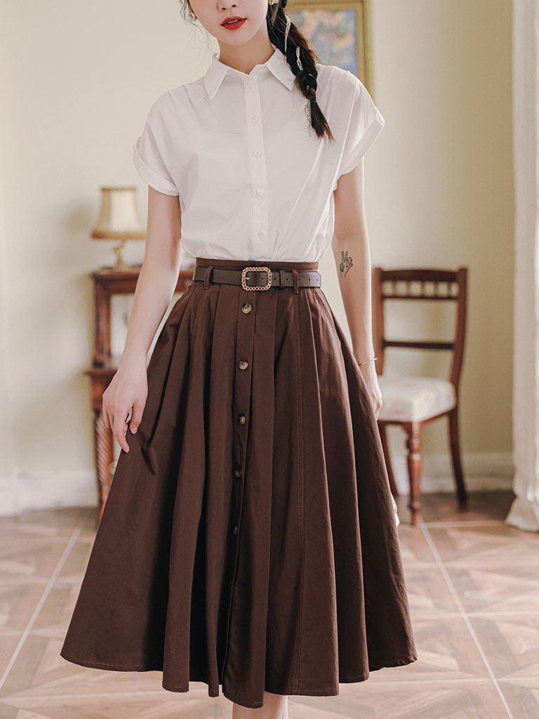 1950S Vintage White Abat Sleeve Shirt And Swing Skirt Set With Belt Audrey Hepburn's outfit