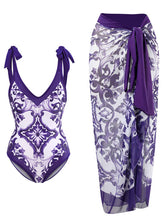 Load image into Gallery viewer, Blue And White Porcelain Retro Style V Neck One Piece With Bathing Suit Wrap Skirt