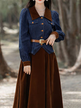Load image into Gallery viewer, 2PS Denim Coat With Brown Velvet Swing Skirt 1950S Vintage Audrey Hepburn&#39;s Style Outfits