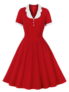Red Flower V Collar 1950S Vintage Dress With Button