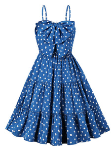 Blue And White Polka Dots Big Bow Swing Dress