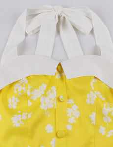 Light Blue Floral Print Halter High Waist 1950 Vintage Dress