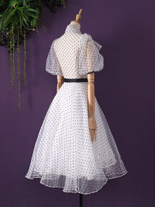 White Polka Dots  Puff Sleeve 50S Dress