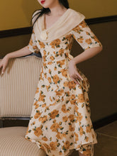 Load image into Gallery viewer, Orange Rose Print Off Shoulder Short Sleeves 50S Chiffon Dress