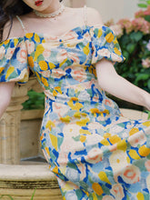 Load image into Gallery viewer, Yellow And Blue Floral Print Off Shoulder 1950S Dress