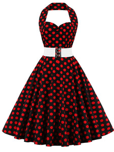 Black Ladybug Off the Shoulder High Waist Halter 1950 Dress