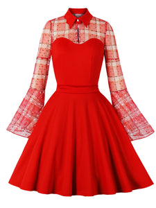Green Plaid Trumpet Sleeves 1950S Vintage Dress