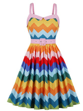 Load image into Gallery viewer, 1950s Rainbow Print Of Multicoloured Zig-zagged Lines Swing Dress With Belt