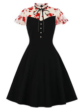 Load image into Gallery viewer, Red Flower Semi Sheer 1950S Swing Vintage Black Dress