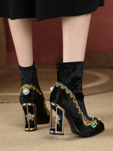 10CM Luxury Velvet Chunky High Heel Bootie Vintage Shoes