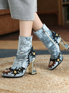 10CM Lace Chunky High Heel Bootie Vintage Shoes
