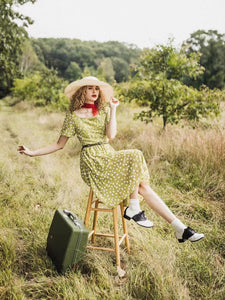 Green Daisy Puff Greenery Chiffon 1950S Vintage Dress