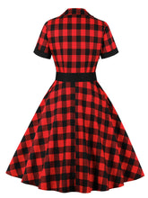 Load image into Gallery viewer, Red Plaid Turn Collar Cotton Vintage 1950S Dress With Belt
