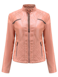 Pink Long Sleeve PU Leather Motorcycle Jacket For Women