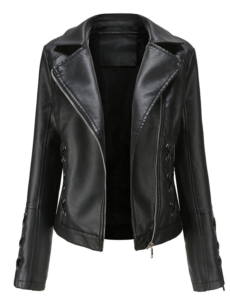 Black Weave Long Sleeve PU Leather Motorcycle Jacket