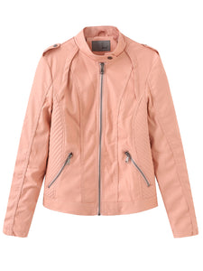 Brown Long Sleeve PU Leather Soft Jacket For Women