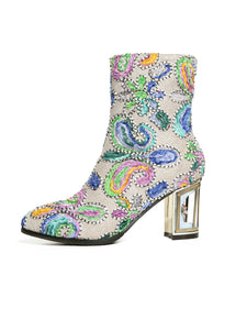 7CM Luxury Embroidered Chunky High Heel Platform Bootie Vintage Shoes