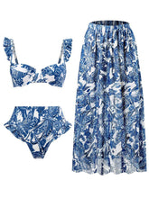 Load image into Gallery viewer, Blue Floral Print Retro Style Strap Bikini Two Piece With Bathing Suit Swing Skirt