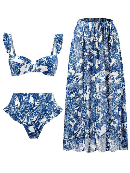 Blue Floral Print Retro Style Strap Bikini Two Piece With Bathing Suit Swing Skirt