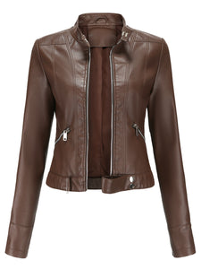 Crop Coat Long Sleeve PU Leather Motorcycle Jacket