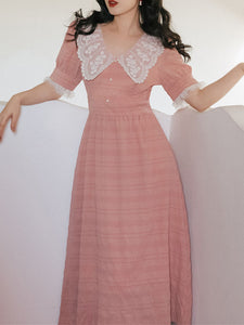 Pink Lace Collar Puff Sleeve Vintage 1950S Dress