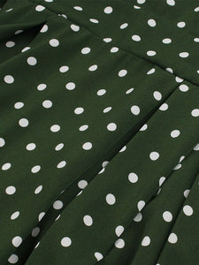 1950s Dark Green Polka Dots Puff Sleeve Vintage Dress