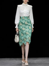 Load image into Gallery viewer, 2PS White Lace Top And Green Lace Skirt Dress Suit