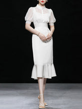 Load image into Gallery viewer, White Stand Collar Puff Sleeve Princess Mermaid Organza Dress