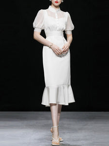 White Stand Collar Puff Sleeve Princess Mermaid Organza Dress