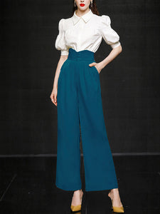 2PS Vintage Top And Blue Ruffles Pant Suit
