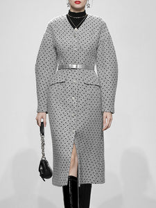 Light Grey V Neck Polka Dot Woolen Coat