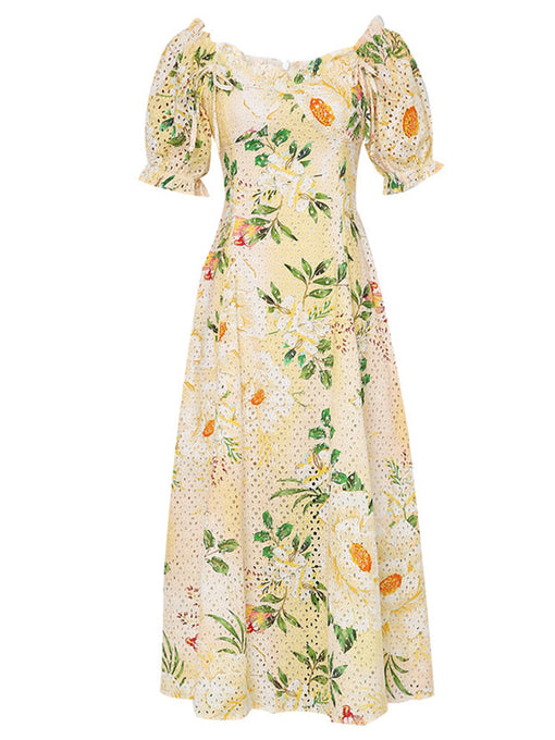 Embroidered Puff Sleeve Monet's Garden 1950s Vintage Party Dress