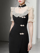 Load image into Gallery viewer, White Semi Sheer Ruffles With Black Fishtail Cheongsam Dress