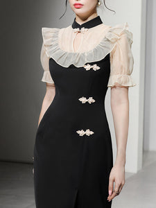 White Semi Sheer Ruffles With Black Fishtail Cheongsam Dress
